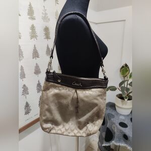 Coach Signature Jacquard Shoulder Bag – Beige & Brown Leather Trim – Y2K